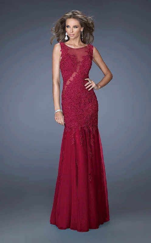 Elevate Your Wardrobe La Femme 19420 Sleeveless Illusion Paneled Lace Mermaid Gown - 1 Pc Cranberry in Size 0 Available