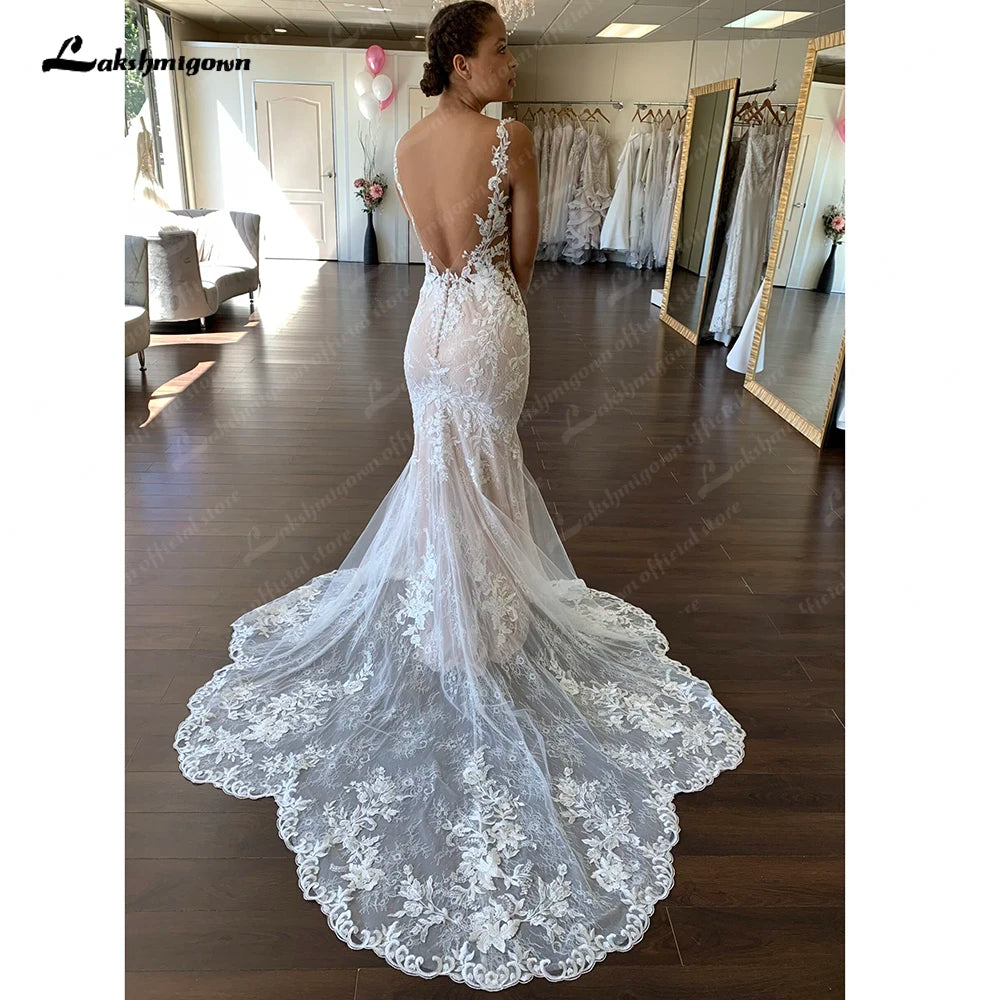 Boho Chic Fashion Roycebridal Off White V Neck Lace Appliques Illusion Court Train Wedding Dress 2025 Boho Mermaid Bridal vestido branco sereia