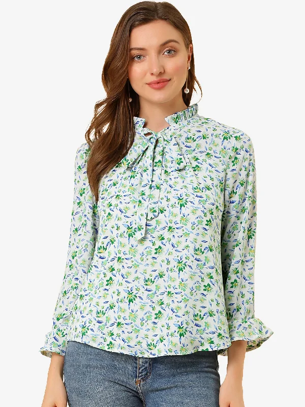 Wardrobe Refresh Ruffle Collar 3/4 Sleeve Tie Neck Chiffon Floral Blouse Top