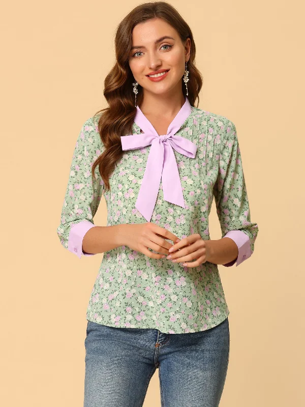 Seasonal Fashion Floral Tops Bow Tie V Neck Contrast Trim 3/4 Sleeve Vintage Blouse