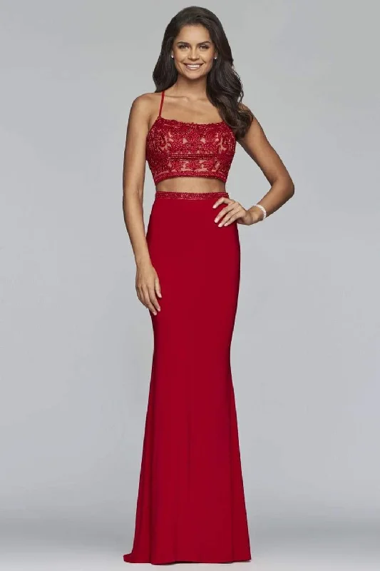 Affordable Online Boutique Faviana - Beaded Applique Two-Piece Sheath Gown S10272 - 1 pc Red In Size 6 Available