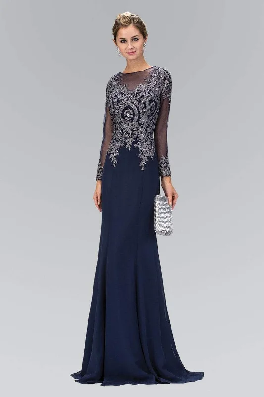 Step Ahead, Lead The Trend Elizabeth K Illusion Long Sleeve Metallic Lace Gown