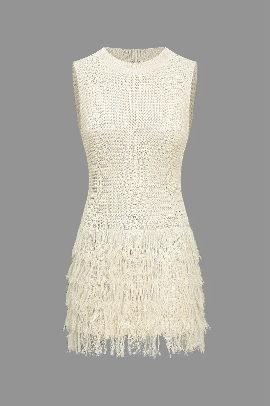 Seasonal Fashion Knit Fringe Sleeveless Mini Dress