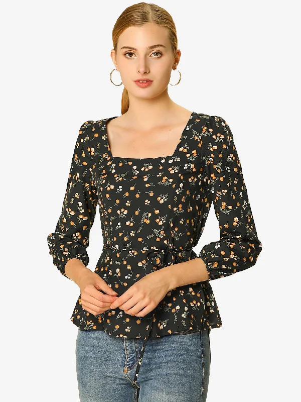 Chic Style Floral Print Belted Waist Blouse Square Neck Vintage Peplum Top