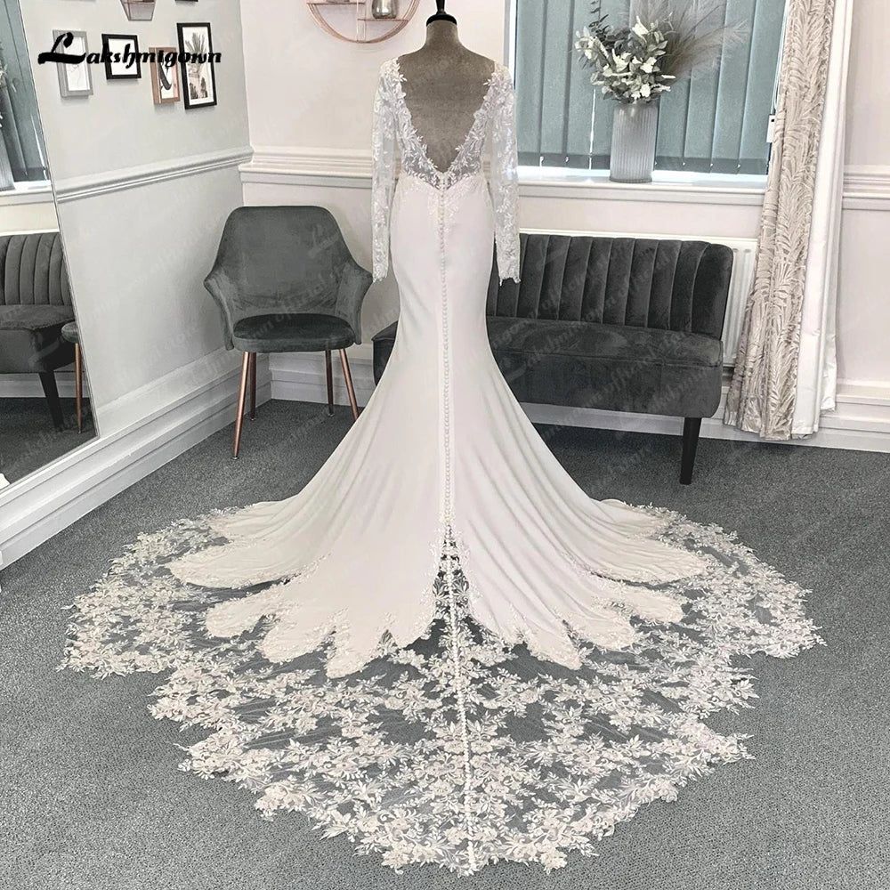 Budget-Friendly Fashion Roycebridal Lace Appliques V Neck Soft Satin Long Sleeves Mermaid/Trumpet Boho Wedding Dress Illusion robe mariée sirene