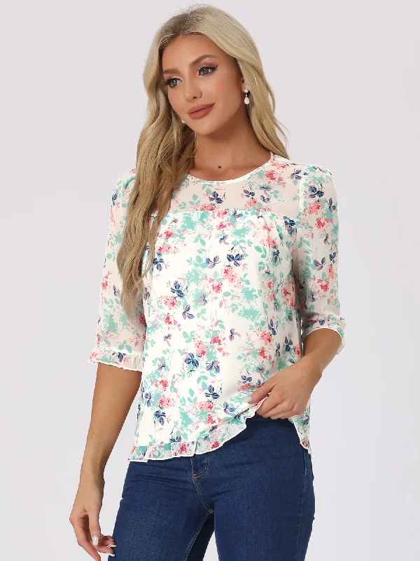 Weekend Exclusive Casual Ruffle Floral Print 3/4 Sleeve Chiffon Blouse