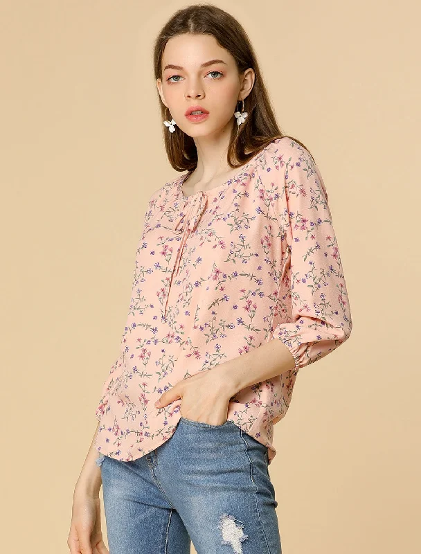 Seasonal Sale Bow Tie Neck 3/4 Raglan Sleeve Floral Blouse Tops