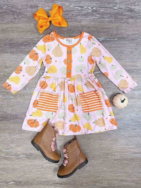 Modern Women’s Apparel Pumpkin Season Orange Striped Pocket Girls Dress