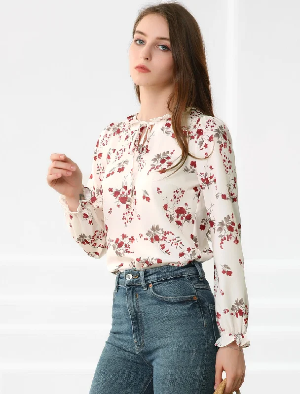 Hot Styles Floral Tie Neck Long Sleeve Frilly Trim Keyhole Casual Chiffon Blouse