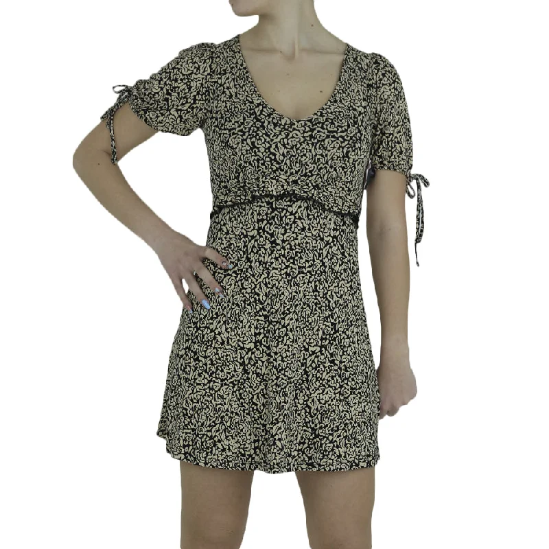 Premium Fashion Women's Floral Tie Sleeve Mini Dress,Beige/Black