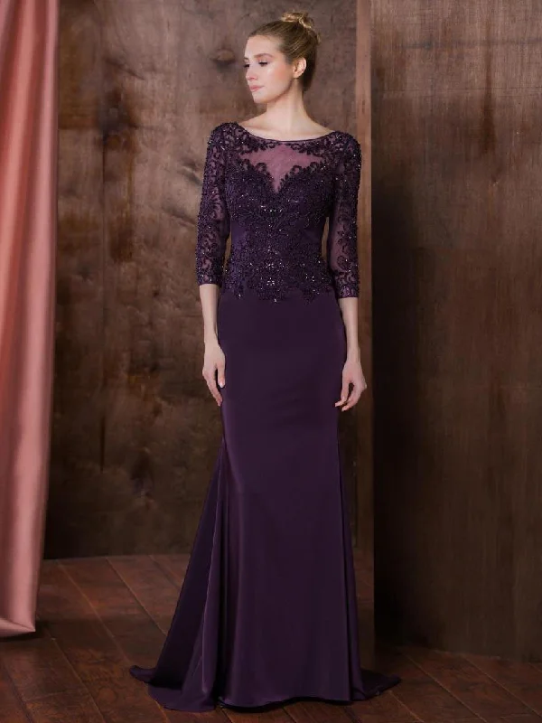 Luxury Fashion Marsoni by Colors Lace Ornate Quarter Sleeve Illusion Gown - 1 Pc Eggplant in Size 12 Available