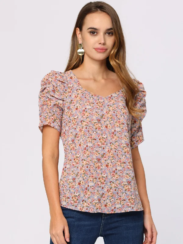 Hot Trends Floral Print Sweetheart Neck Short Sleeve Summer Blouse