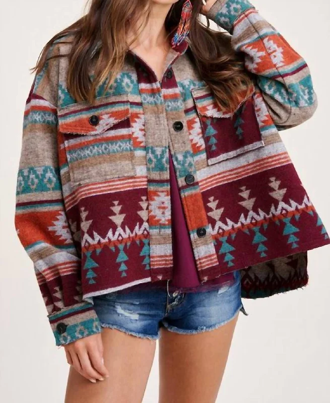 Trendy Online Boutiques Boho Aztec Jacket In Wine