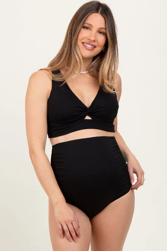 Elegant Women’s Fashion Black Ribbed Twist Cutout Front Maternity Swim Set