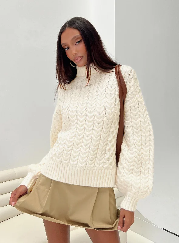 Seasonal Fashion Judson Roll Neck Cable Knit Sweater Cream