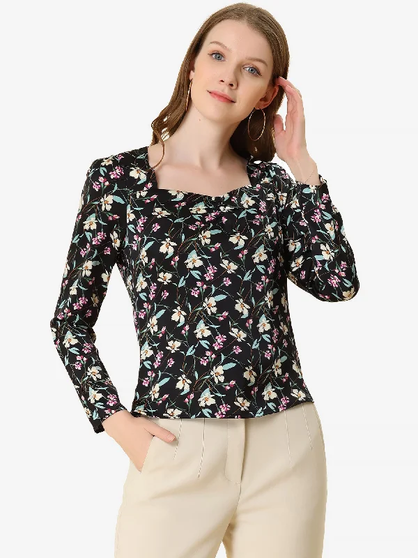 Fashion Essentials Casual Heart Neck Long Sleeve Floral Blouse Top