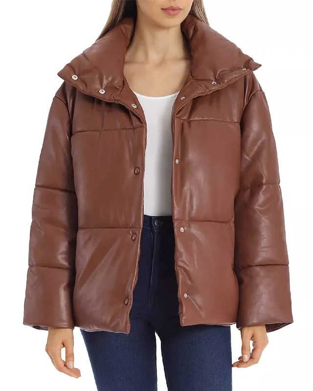 Flash Discount Oversize Faux Leather Puffer Jacket In Cognac