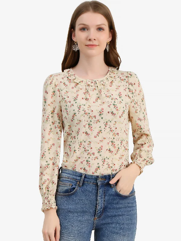 Evening Looks Puff Sleeve Top Elegant Floral Print Smocked Cuffs Ruffle Neck Blouse