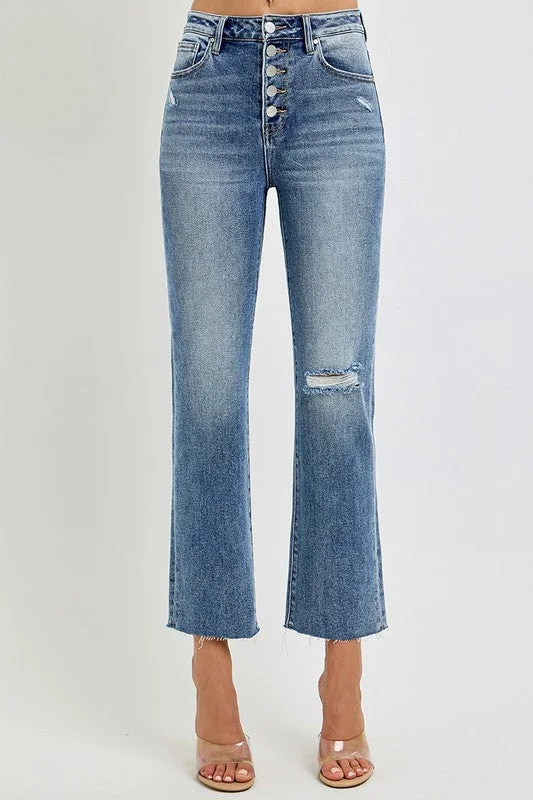 Sophisticated Style Medium Wash Button Fly Cropped Jeans