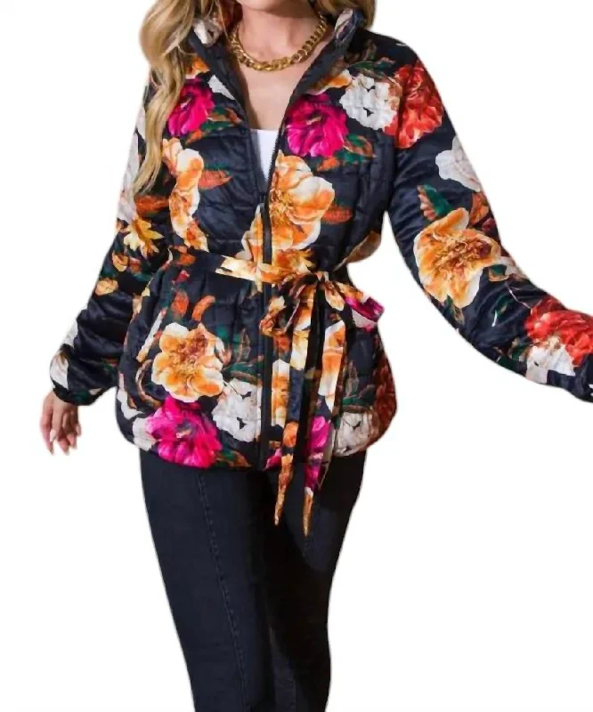 Casual Chic Puff Flowered Jacket In Black/multi