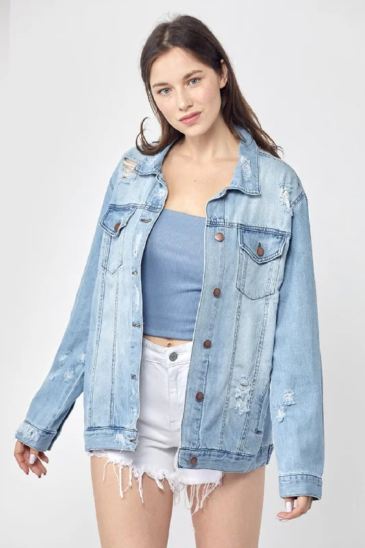 Style Redefined Full Size Distressed Long Sleeve Denim Jacket