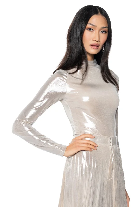 Luxe Women's Fashion SUPERNOVA SLINKY METALLIC LONG SLEEVE BODYSUIT