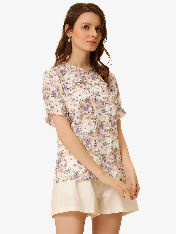 Evening Elegance Chiffon Short Sleeve Ruffled Trim Floral Blouse Top