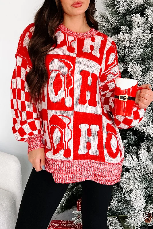 Edgy Fashion On The Nice List Checkered Sleeve Holiday Sweater (Red)