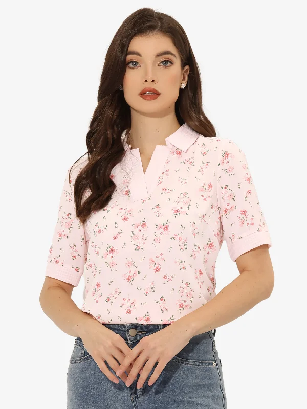 Stylish Savings Floral Turndown Collar Split Neck Short Sleeve Elegant Blouse