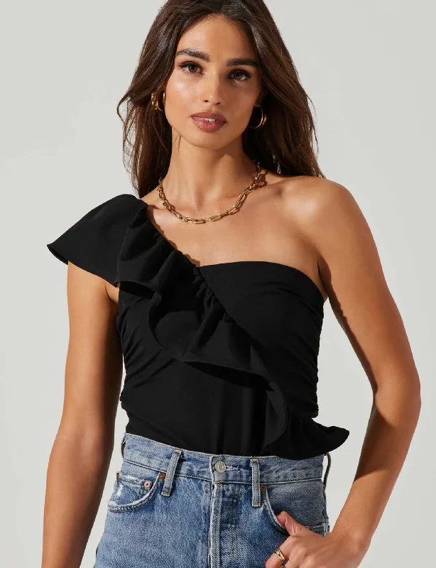 Fashion For Every Occasion Malena One Shoulder Ruffle Bodysuit, Black