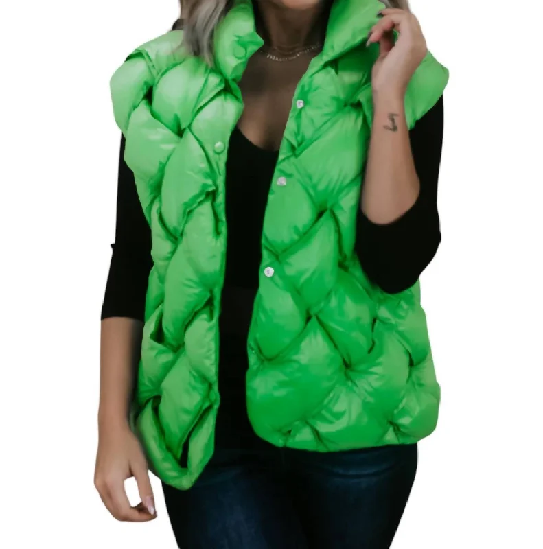 Odd Size Clearance Sale Button Woven Puffer Vest In Green