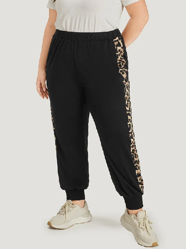 Fashion Forward Femininity Leopard Patchwork Pocket Elastic Waist Sweatpants