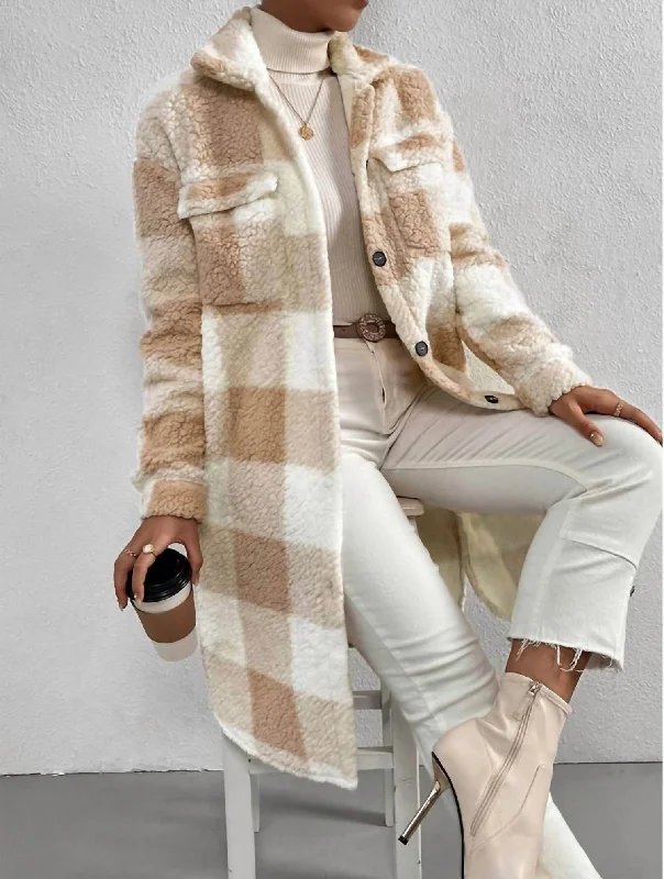 New Arrival Discount Sherpa Plaid Long Coat In Tan