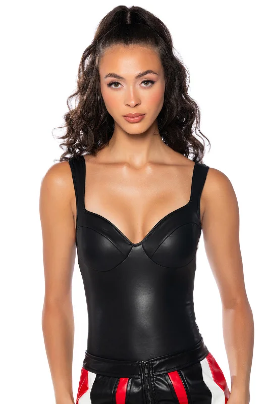 Dive Into Trendy Women's Fashion NEVER LACKING FAUX LEATHER BODYSUIT