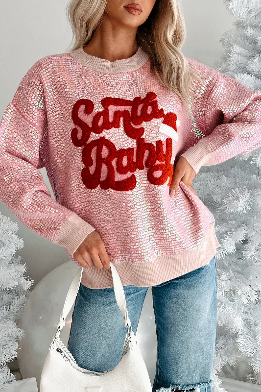 Premium Quality Garments Single For Christmas Sequin "Santa Baby" Sweater (Pink)