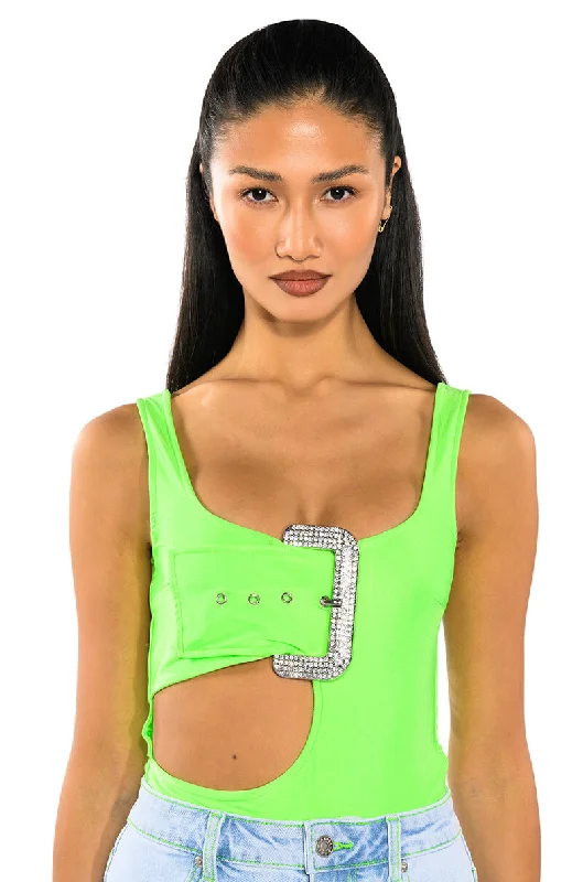 Online Boutique Stores SPOTLIGHT BUCKLE DETAIL NEON CUTOUT CHEEKY BODYSUIT