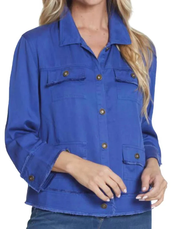 Style Versatile Women's Collection 3/4 Cuffed Sleeve Drop Shoulder Fringe Jacket In Deep Royal