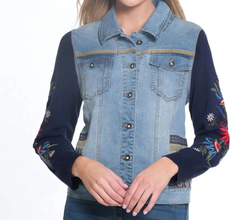 Discount Store Floral Denim Jacket In Med Indigo