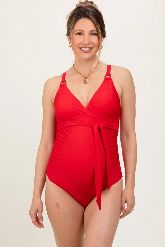 Everyday Women’s Fashion Trends Red Crossover V-Neck Sash Tie Ruched Maternity Swimsuit