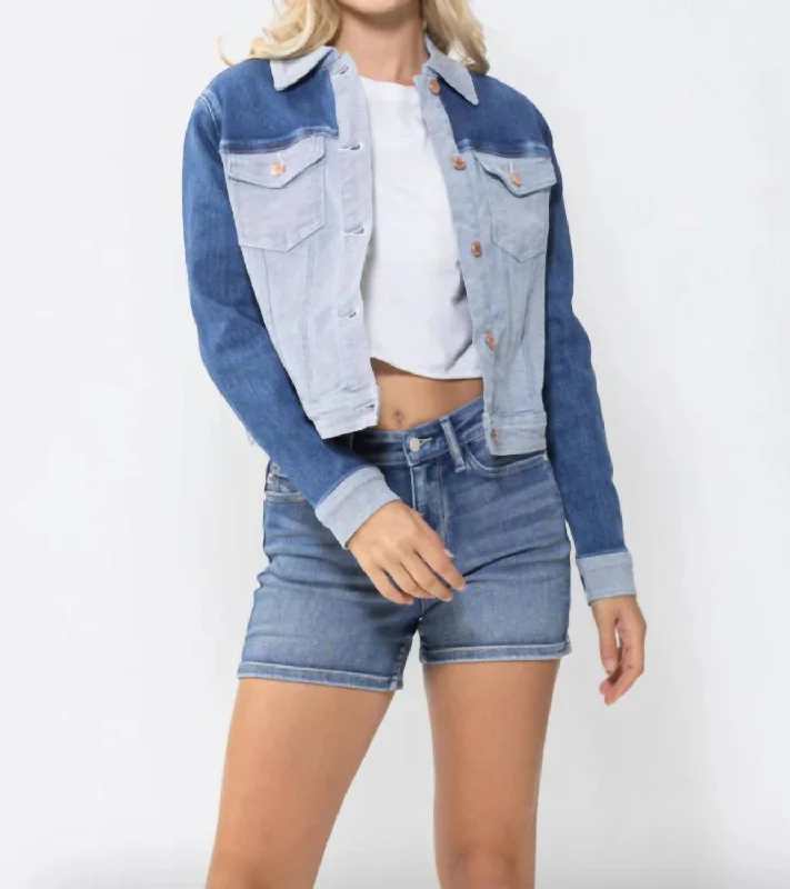 Day To Night Styles Color Block Denim Jacket In Blue