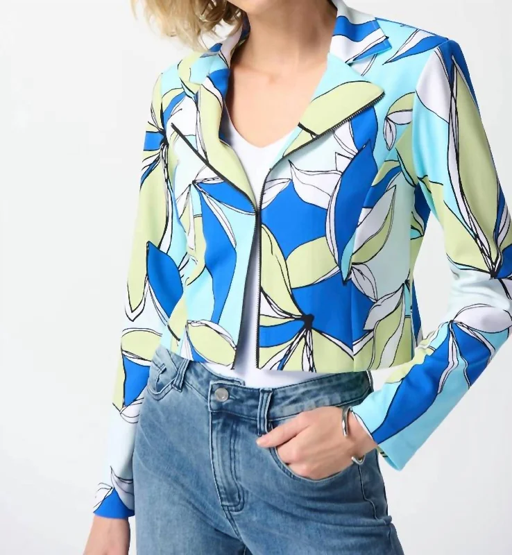 Timeless Classics Silky Knit Floral Print Fitted Jacket In Vanilla Multi