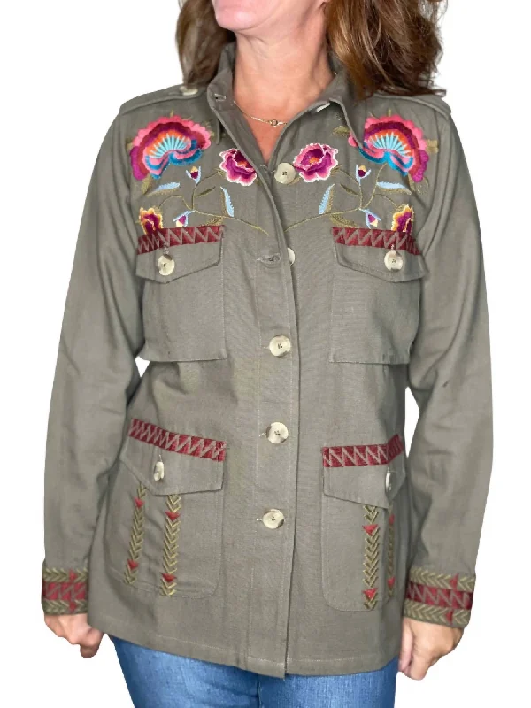 Stylish Savings Embroidered Shirt Jacket In Khaki