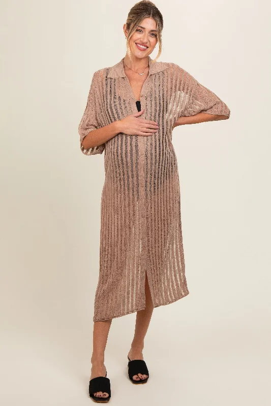 Attire Sale Taupe Distressed Collared Maternity Cover-Up