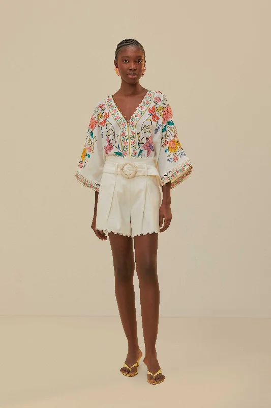 Chic Style Off-White Insects Floral Bodysuit