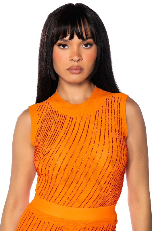 Summer Sale DIAMOND MESH SLEEVELESS BODYSUIT IN ORANGE