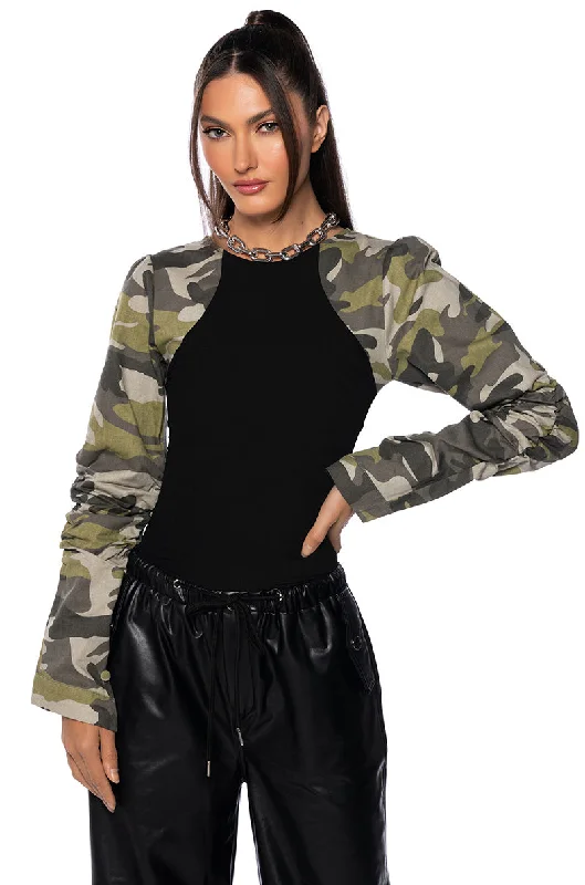 Eclectic Fashion MOVING DISCREETLY CAMO STRETCH KNIT BODYSUIT