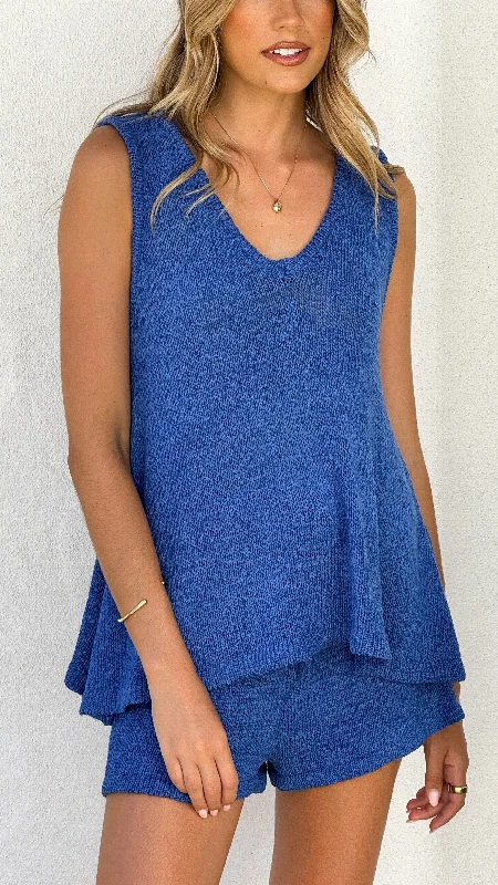 Limited Time Offer Summer Knit Top and Shorts Set - Blue