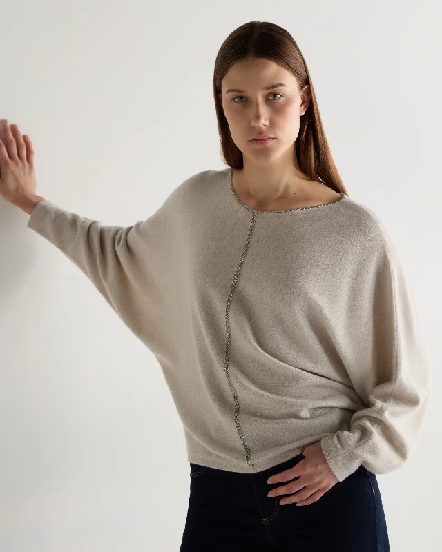 Versatile Wardrobe Essentials Women's Metal Trim Batwing Cashmere Jumper Pebble Grey