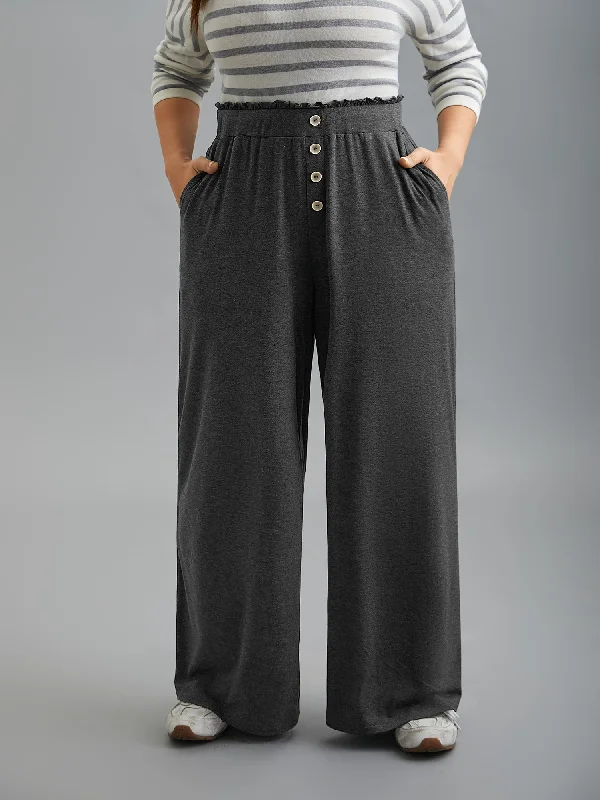 Stylish Basics Button-Front Ruffled Waist Stretchy Pants